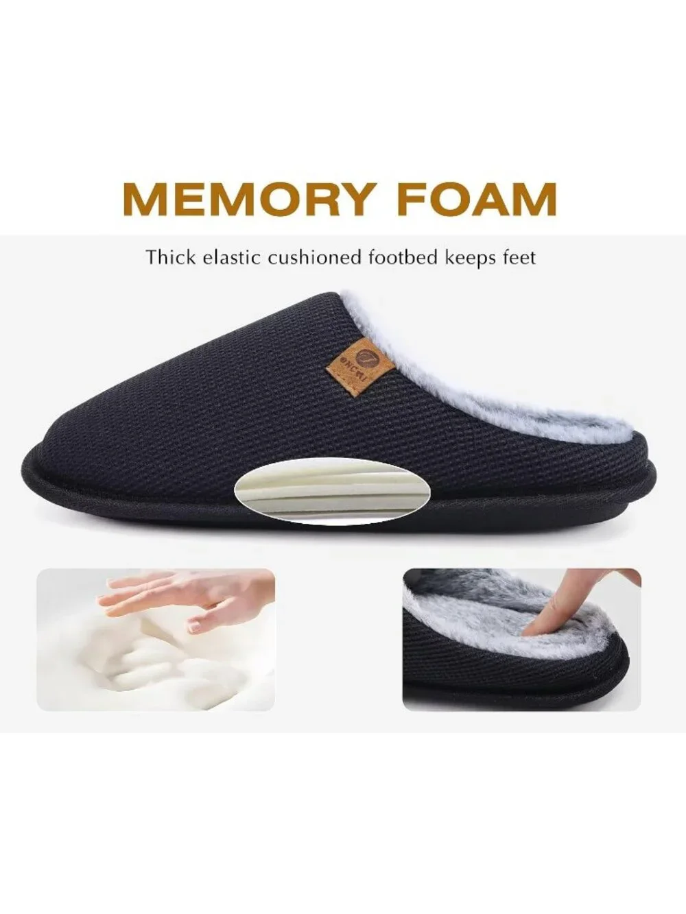 Men's Plush Black Cushion Foam Shake Fleece Faux Fur Lining House Slipper Shoes